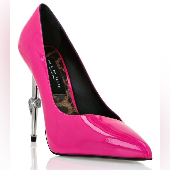 Philipp Plein Patent Leather Fuchsia Stiletto Heels with Jewel Skull - Picture 1 of 7